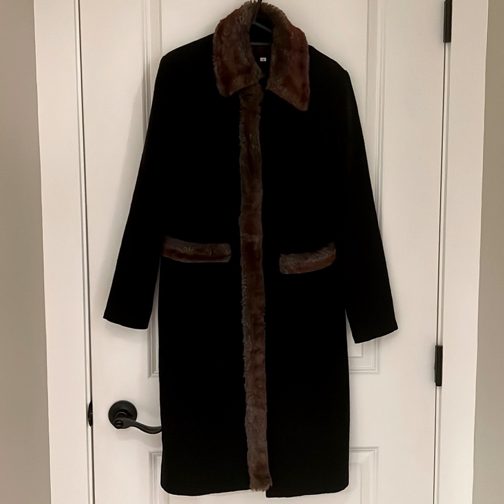 Black Brown Faux Fur Collar Long Trench Peacoat Coat Duster Winter Jacket